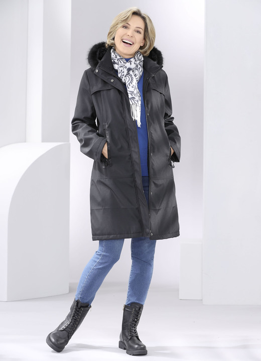 Wintermäntel - Kurzmantel mit festem Kunstpelz-Besatz, in Größe 038 bis 054, in Farbe SCHWARZ Ansicht 2