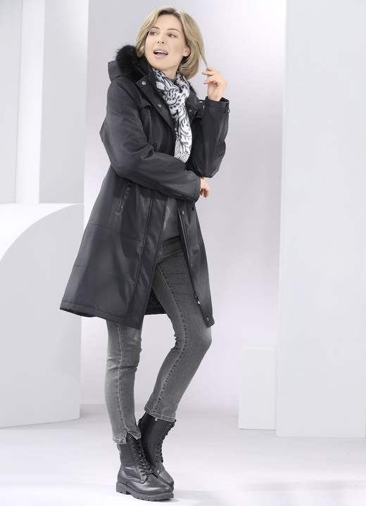 Wintermäntel - Kurzmantel mit festem Kunstpelz-Besatz, in Größe 038 bis 054, in Farbe SCHWARZ Ansicht 3