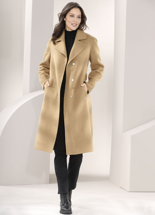 Wollmäntel - Mantel mit Gürtel und verdeckter Druckerleiste, in Größe 036 bis 052, in Farbe HELLBRAUN Ansicht 2