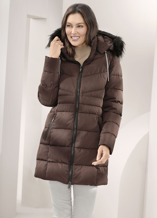 Winterjacken - Longjacke mit abnehmbarem Kunstpelz-Besatz Winterjacken - Longjacke mit abnehmbarem Kunstpelz-Besatz, in Größe 036 bis 052, in Farbe SCHOKOBRAUN
