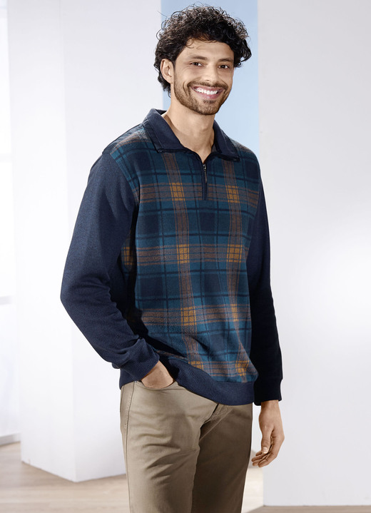 Sweatshirts - Troyer mit kurzem Reißverschluss, in Größe 046 bis 062, in Farbe MARINE KARIERT