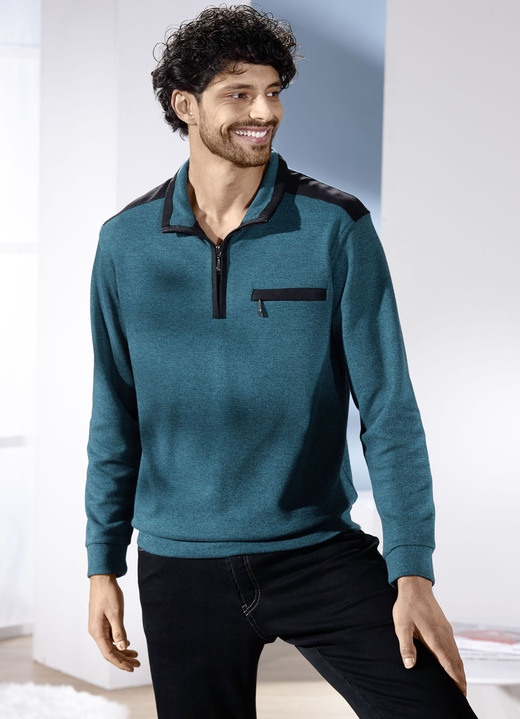 Sweatshirts - Troyer mit Brusttasche, in Größe 046 bis 062, in Farbe PETROL MELIERT Ansicht 2