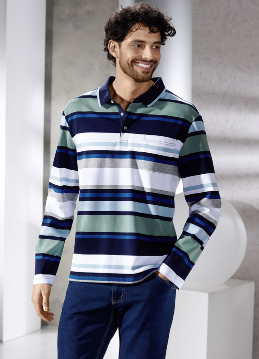 Sweatshirts - Poloshirt mit Seitenschlitzen, in Größe 046 bis 062, in Farbe JADEGRÜN-MARINE-WEISS Ansicht 1