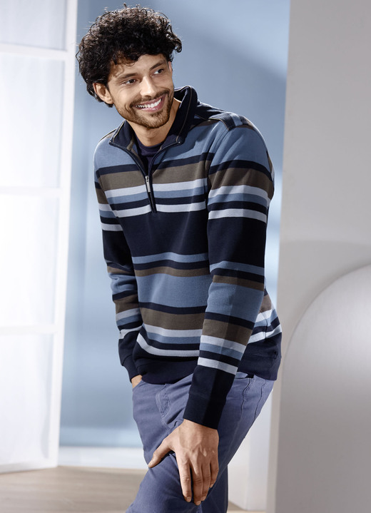 Sweatshirts - Troyer mit kurzem Reißverschluss Sweatshirts - Troyer mit kurzem Reißverschluss, in Größe 3XL (64/66) bis XXL (60/62), in Farbe MARINE-JEANSBLAU GESTREIFT