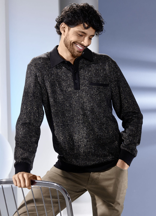 Sweatshirts - Poloshirt mit Brusttasche, in Größe 046 bis 064, in Farbe SCHWARZ-BEIGE