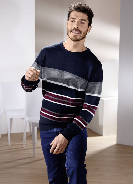 Gemustert - Rundhalspullover in 2 Farben, in Größe 046 bis 062, in Farbe PETROL GESTREIFT Ansicht 2