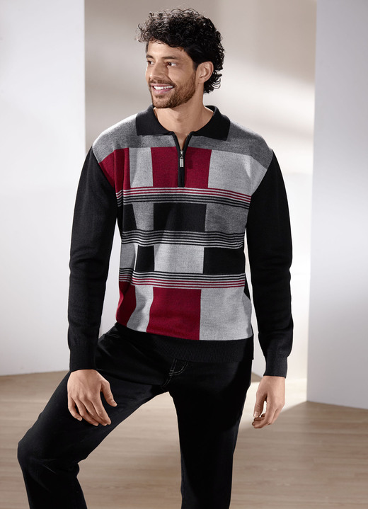 Gemustert - Sportiver Polopullover in 2 Farben, in Größe 046 bis 062, in Farbe SCHWARZ-ROT-GRAU MELIERT Ansicht 1