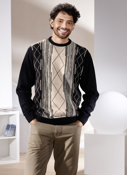 Gemustert - Rundhalspullover mit Jacquarddessin Gemustert - Rundhalspullover mit Jacquarddessin, in Größe 046 bis 062, in Farbe SCHWARZ-BEIGE