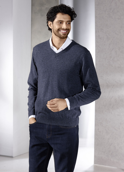 Uni - Unifarbener V-Pullover in 4 Farben, in Größe L(52/54) bis XL(56/58), in Farbe DUNKELBLAU MELIERT Ansicht 1