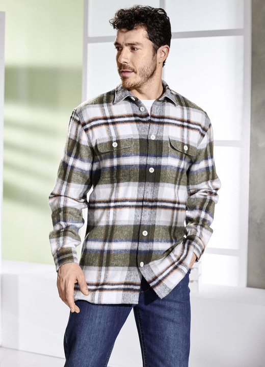 Langarm - Kariertes Overshirt, in Größe 3XL bis XXL, in Farbe KHAKI-WOLLWEISS KARIERT Ansicht 2
