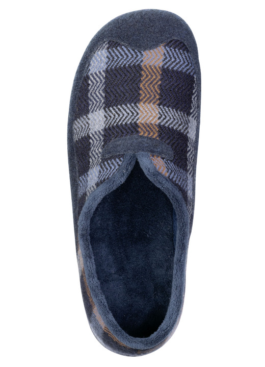 Hausschuhe - Klassische Herren-Hausschuhe, mit herausnehmbarem Fußbett, in Größe 040 bis 046, in Farbe BLAU-CAMEL Ansicht 2