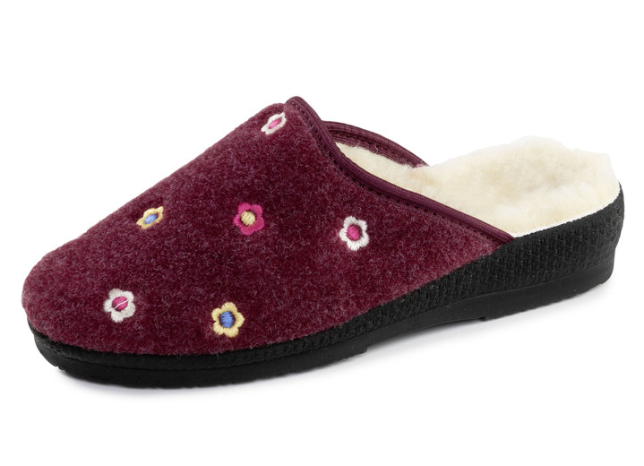 Damenmode - Gefütterte Damen-Hausschuhe, mit Schurwolle, in Größe 036 bis 042, in Farbe BORDEAUX Ansicht 1