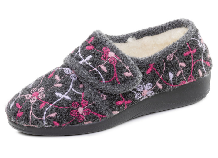 Hausschuhe - Gefütterte Damen-Hausschuhe, mit Klettverschluss, in Größe 036 bis 042, in Farbe ANTHRAZIT Ansicht 1