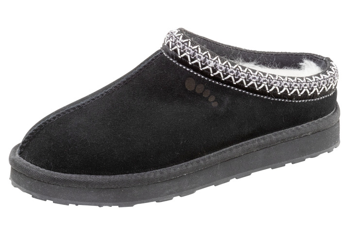 Hausschuhe - ELENA EDEN, warme Damen-Clogs, mit Lammfell, in Größe 036 bis 042, in Farbe SCHWARZ Ansicht 1