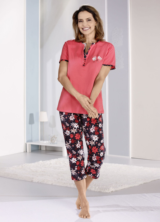 Schlafanzüge & Shortys - Zweierpack Schlafanzüge, Kurz- und Langarm mit Knopfleiste , in Größe 036 bis 058, in Farbe KORALLE-SCHWARZ-BUNT Ansicht 3