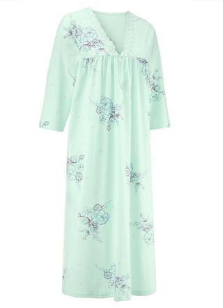 Langarm - Nachthemd, 3/4-lange Ärmel und V-Ausschnitt, in Größe 038 bis 060, in Farbe MAGNOLIE-BUNT – Farbe MINT-BUNT – Ansicht 