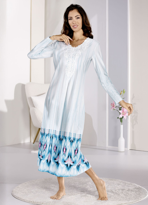 Damenmode - Knöchellanges Laurina Nachthemd mit Motivspitze , in Größe 036 bis 056, in Farbe BLEU-WEISS-BUNT