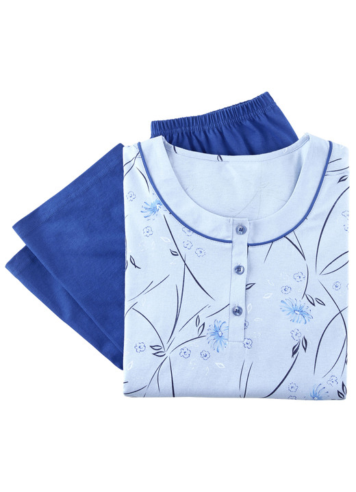 Schlafanzüge & Shortys - Schlafanzug, Langarm mit Knopfleiste, in Größe 036 bis 060, in Farbe AZUR-ROYALBLAU-BUNT Ansicht 3