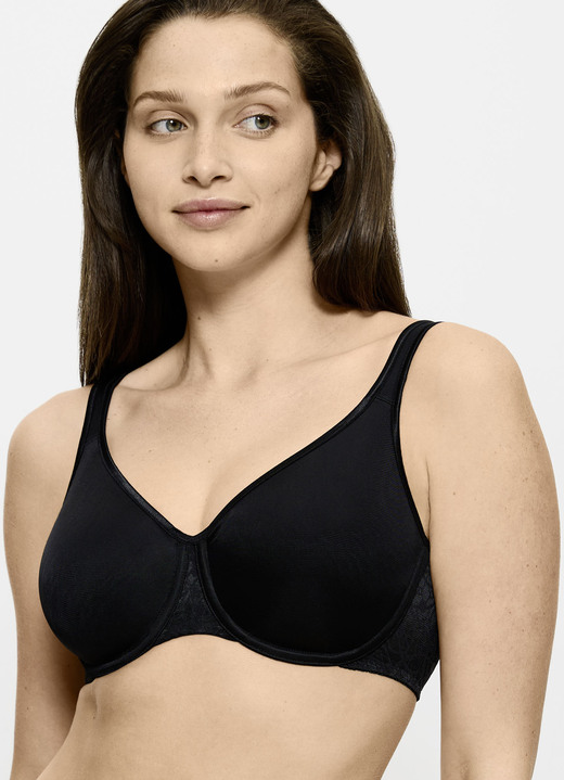 Bügel-BH - Triumph-Comfort Minimizer-Bügel-BH mit elastischer Tüllstickereispitze, in Größe 075 bis 095, in Cup F, in Farbe SCHWARZ Ansicht 1