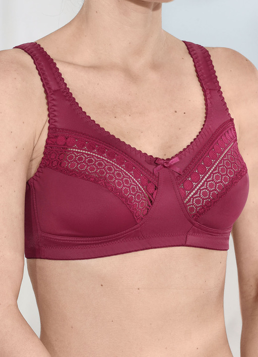 Damenmode - Laurina BH mit Elastikspitze in den Obercups, in Größe 080 bis 105, in Cup B, in Farbe BORDEAUX Ansicht 1