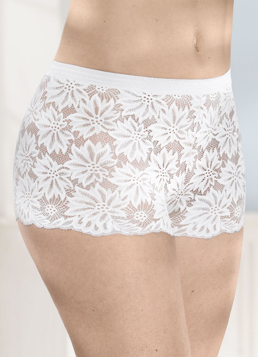 Slips - Dreierpack Pants aus elastischer Spitze, in Größe 036 bis 050, in Farbe 1X AZURBLAU, 1X WEISS, 1X SCHWARZ Ansicht 4