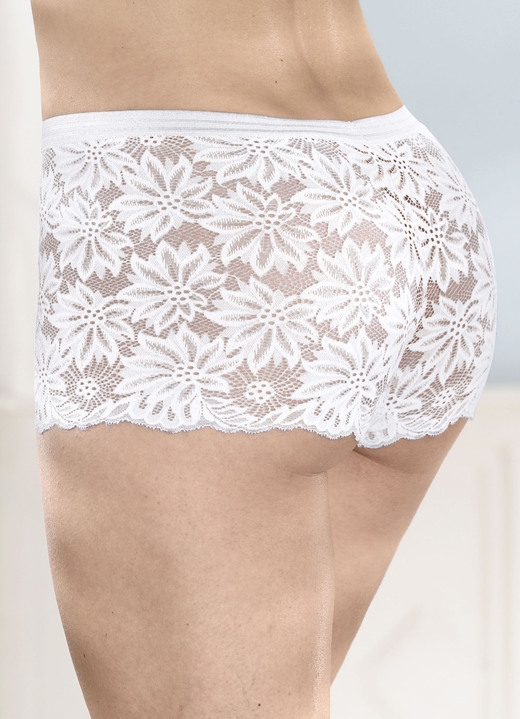 Slips - Dreierpack Pants aus elastischer Spitze, in Größe 036 bis 050, in Farbe 1X AZURBLAU, 1X WEISS, 1X SCHWARZ Ansicht 3