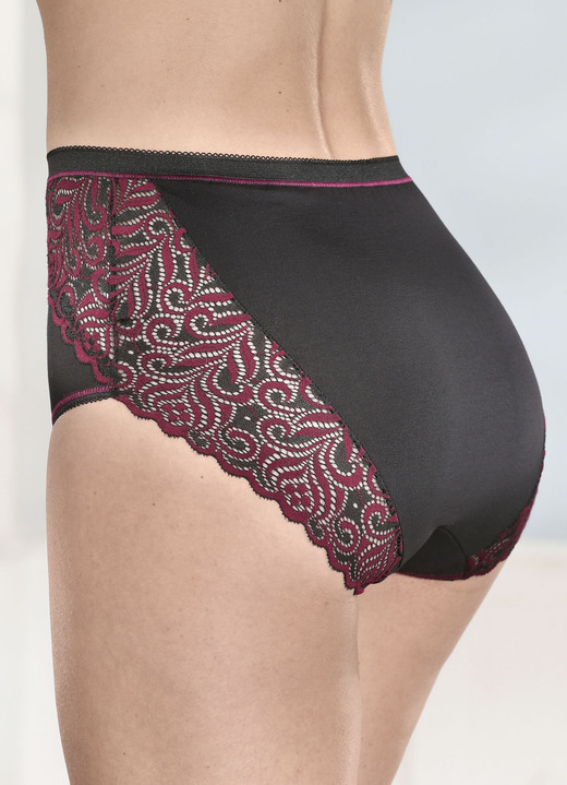 Laurina - Laurina Dreierpack Slips mit Elastikspitze, in Größe 038 bis 050, in Farbe SCHWARZ-BORDEAUX Ansicht 1