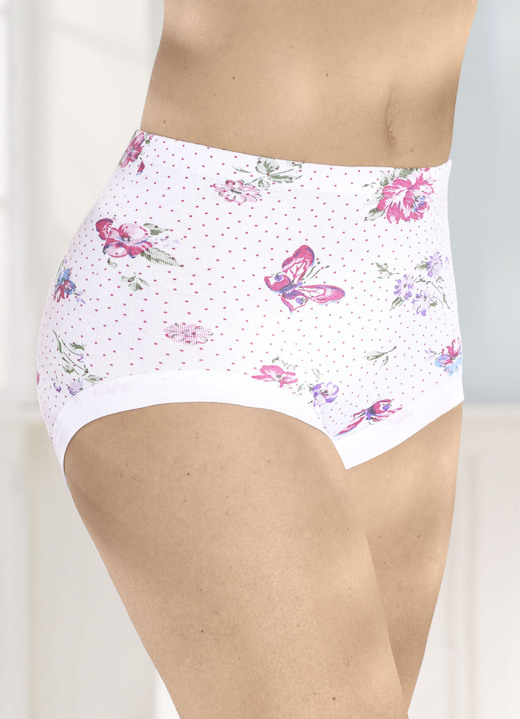 Slips - Fünferpack Slips mit auswechselbarem Gummizug im Bund, in Größe 040 bis 060, in Farbe 3X WEISS-PINK-BUNT BEDRUCKT, 2X WEISS Ansicht 1