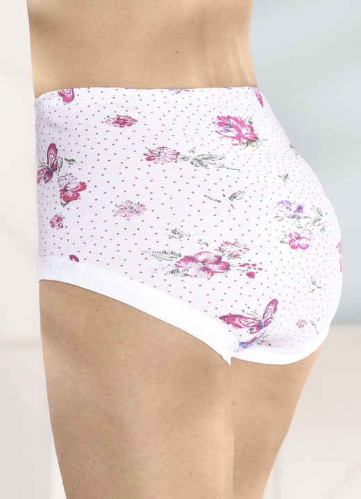 Slips - Fünferpack Slips mit auswechselbarem Gummizug im Bund Ansicht 2 Slips - Fünferpack Slips mit auswechselbarem Gummizug im Bund, in Größe 040 bis 060, in Farbe 3X WEISS-PINK-BUNT BEDRUCKT, 2X WEISS Ansicht 2
