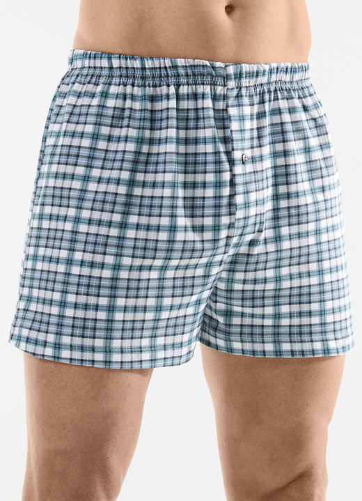 Pants & Boxershorts - Viererpack Boxershorts mit knöpfbarem Eingriff, in Größe 005 bis 016, in Farbe 2X PETROL-WEISS, 2X UNI SCHWARZ