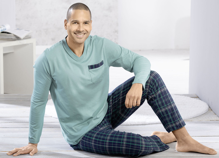 Schlafanzüge - Comte-Schlafanzug mit V-Ausschnitt und offenen Abschlüssen, in Größe 046 bis 062, in Farbe MINT-MARINE-BUNT Ansicht 2