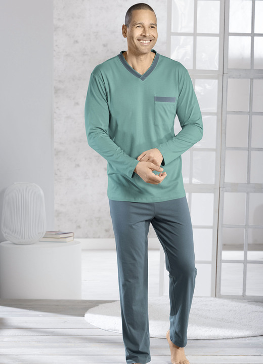 Schlafanzüge - Zweierpack Schlafanzüge mit V-Ausschnitt und offenen Abschlüssen , in Größe 046 bis 062, in Farbe 1X LAGUNE-RAUCHBLAU, 1X WACHOLDER-PETROL Ansicht 3