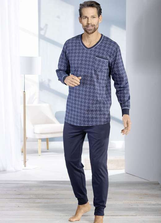 Schlafanzüge - Schlafanzug mit V-Ausschnitt und Bündchenabschlüssen, in Größe 046 bis 066, in Farbe BLEU-MARINE Ansicht 2