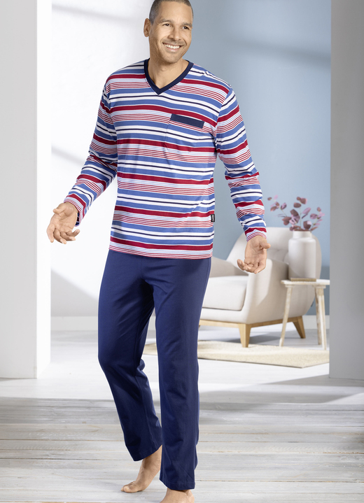 Schlafanzüge - Zweierpack Schlafanzüge mit V-Ausschnitt und offenen Abschlüssen, in Größe 046 bis 062, in Farbe 1X BLAU-BORDEAUX-MARINE, 1X RAUCHBLAU-TÜRKIS-NAVY Ansicht 5