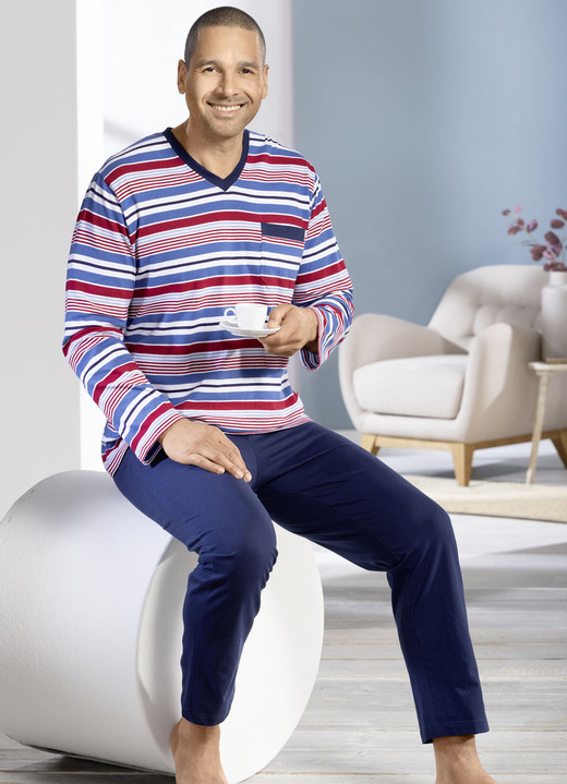 Schlafanzüge - Zweierpack Schlafanzüge mit V-Ausschnitt und offenen Abschlüssen, in Größe 046 bis 062, in Farbe 1X BLAU-BORDEAUX-MARINE, 1X RAUCHBLAU-TÜRKIS-NAVY Ansicht 4