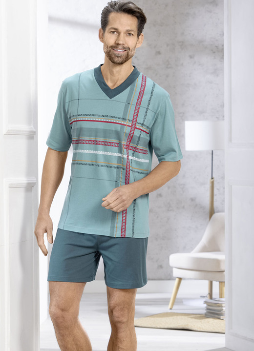Shortys - Shorty mit V-Ausschnitt und Druckmotiv, in Größe 046 bis 062, in Farbe PETROL-BUNT Ansicht 1