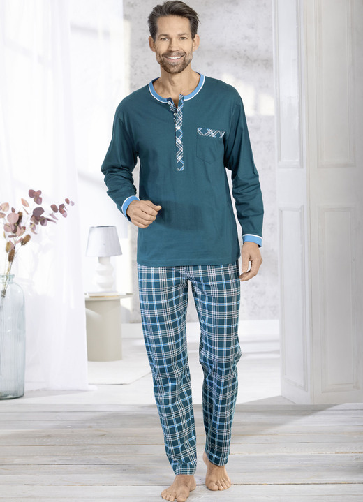 Schlafanzüge - Schlafanzug mit Knopfleiste , in Größe 046 bis 062, in Farbe PETROL-BUNT Ansicht 2