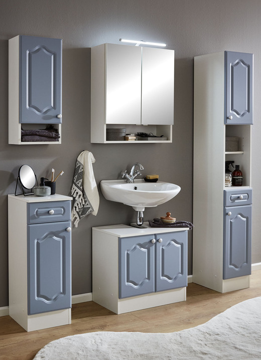 Badezimmermöbel - Hervorragendes Badmöbel-Programm aus deutscher Herstellung, in Farbe WEISS-BLAU, in Ausführung Hängeschrank, Landhaus-Design Ansicht 1