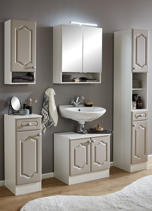 Badezimmermöbel - Hervorragendes Badmöbel-Programm aus deutscher Herstellung, in Farbe WEISS-KASCHMIR, in Ausführung Hängeschrank, Landhaus-Design Ansicht 1