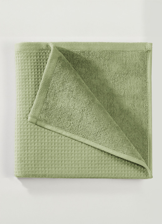 Frottier Handtücher - Waffelpiqué-Frottier-Serie aus Baumwolle, in Größe 200 (2 Handtücher, 50/100 cm) bis 204 (1 Duschtuch, 70/140 cm), in Farbe GRÜN Ansicht 1