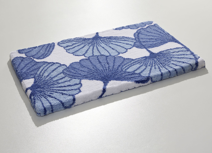 Badgarnituren - Badgarnitur mit Ginkgoblätter-Motiv, in Größe 100 (Vorleger halbrund, 50/ 80 cm) bis 112 (WC-Deckelbezug, 47/ 50 cm), in Farbe BLAU Ansicht 1
