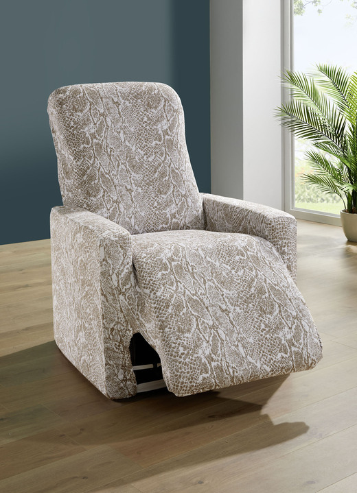 Sessel- & Sofaüberwürfe - Pflegeleichte Stretchbezüge in Schlangenoptik, in Größe 101 (Sesselbezug) bis 113 (Ohrensessel-Bezug), in Farbe CREME Ansicht 2
