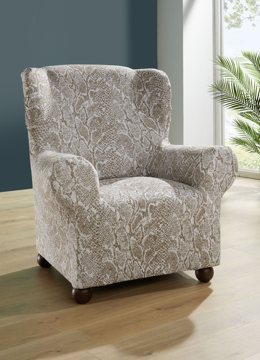Sessel- & Sofaüberwürfe - Pflegeleichte Stretchbezüge in Schlangenoptik, in Größe 101 (Sesselbezug) bis 113 (Ohrensessel-Bezug), in Farbe CREME Ansicht 7