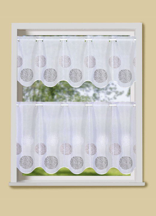 Kurzgardinen - Kurzstore mit gewelltem Abschluss, in Größe 661 (H30xB 96 cm) bis 884 (H90xB160 cm), in Farbe TAUPE-WEISS Ansicht 1