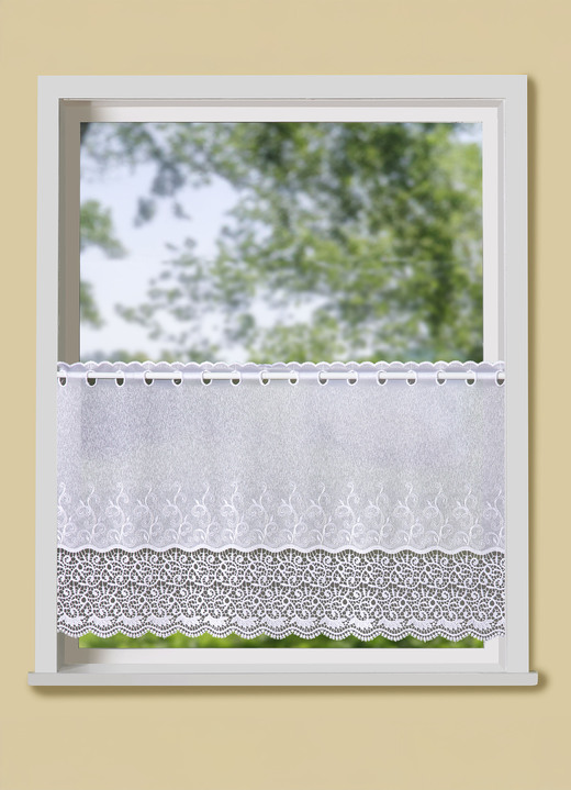 Kurzgardinen - Kleinfenster-Store mit gebogtem Macramé-Abschluss, in Größe 824 (H 45xB100 cm) bis 899 (H100xB200 cm), in Farbe WEISS Ansicht 2