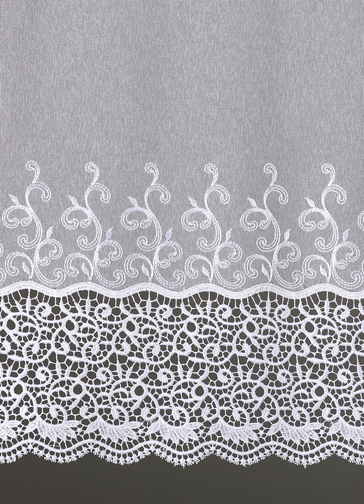 Kurzgardinen - Kleinfenster-Store mit gebogtem Macramé-Abschluss, in Größe 824 (H 45xB100 cm) bis 899 (H100xB200 cm), in Farbe WEISS Ansicht 3