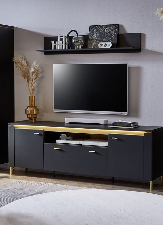 TV- & Hifi-Möbel - TV-Longboard mit LED-Beleuchtung und Wandregal, in Farbe SCHWARZ-GOLD, in Ausführung groß Ansicht 1