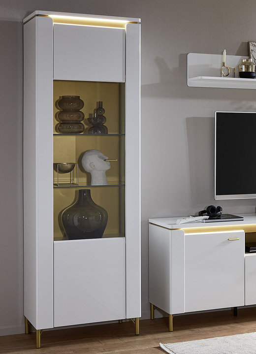 Vitrinen - Vitrine mit LED-Beleuchtung und Softclose, in Farbe WEISS-GOLD, in Ausführung 1-türig Ansicht 1
