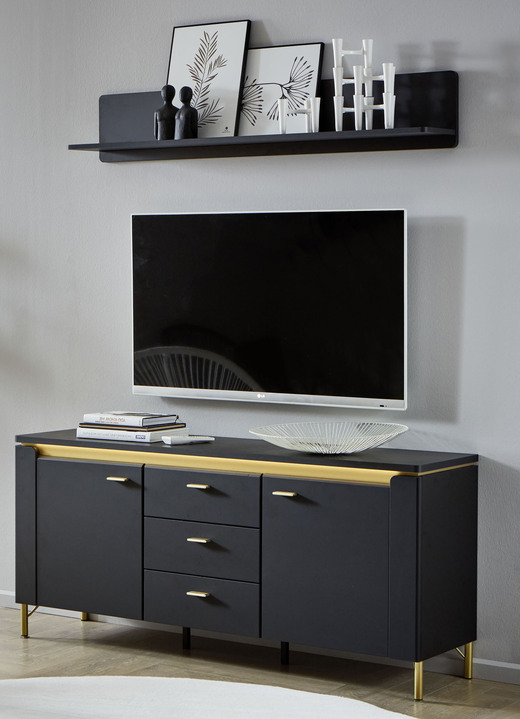TV- & Hifi-Möbel - TV-Longboard mit LED-Beleuchtung und Wandregal, in Farbe SCHWARZ-GOLD, in Ausführung klein Ansicht 1
