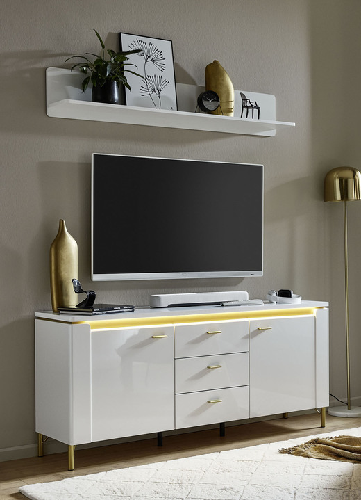 TV- & Hifi-Möbel - TV-Longboard mit LED-Beleuchtung und Wandregal, in Farbe WEISS-GOLD, in Ausführung klein Ansicht 1